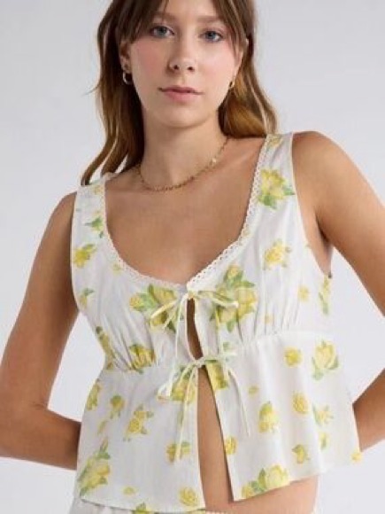 Abound Lemon Print Tie Front Camisole Top White Yellow M Nwt